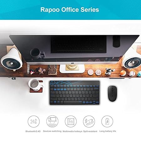 Rapoo 8000M Multi-Mode Keyboard and Mouse Set Bluetooth 3.0/4.0 Wireless 2.4 GHz 1300 DPI Combo- Black - Rajputtrade
