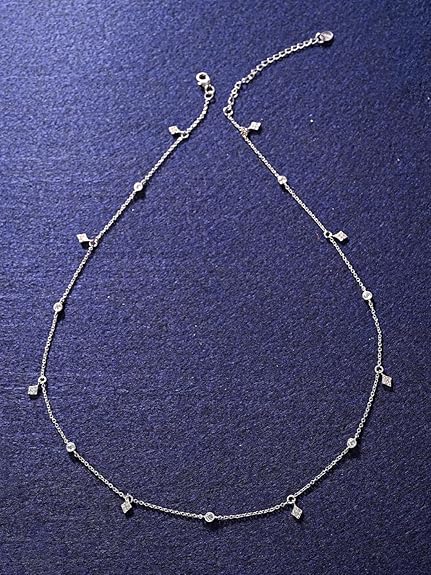 925 Sterling Silver Charm Minimal Necklace Chain | Rhodium Plated, Swiss Zirconia | Gift for Women Girls Wife Girlfriend