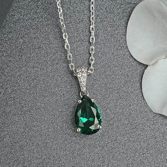 925 Sterling Silver Dark Green Tear Drop Pendant Earring Chain Jewellery Set | Rhodium Plated, Swiss Zirconia | Gift for Women & Girls - Rajputtrade