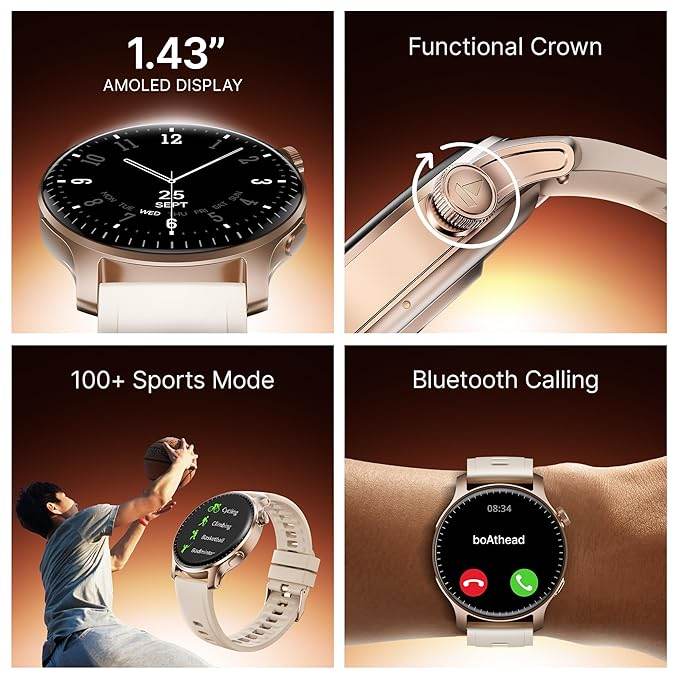 boAt New Launch Ultima Prime smartwatch with 1.43” AMOLED Display, Personalized Fitness Nudges (Rose Gold) - Rajputtrade
