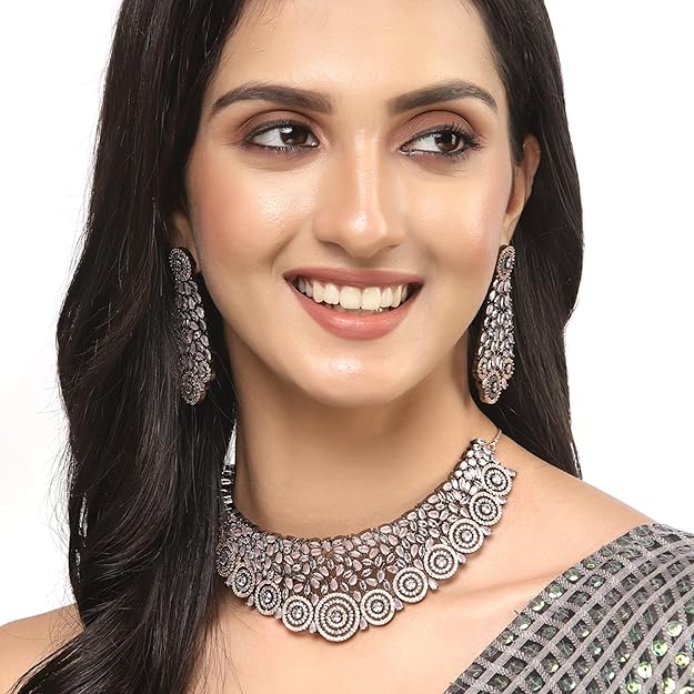 Rhodium-Plated Silver American Diamond Choker Necklace with Earrings Jewellery Set with Girls and Women - Rajputtrade