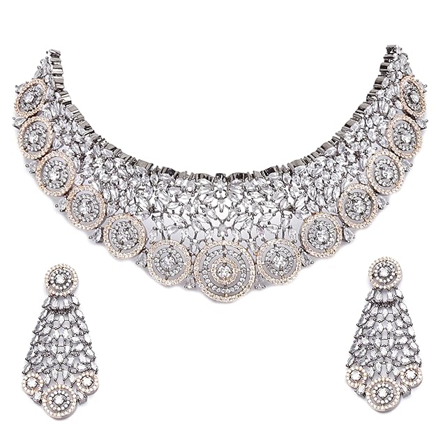 Rhodium-Plated Silver American Diamond Choker Necklace with Earrings Jewellery Set with Girls and Women - Rajputtrade