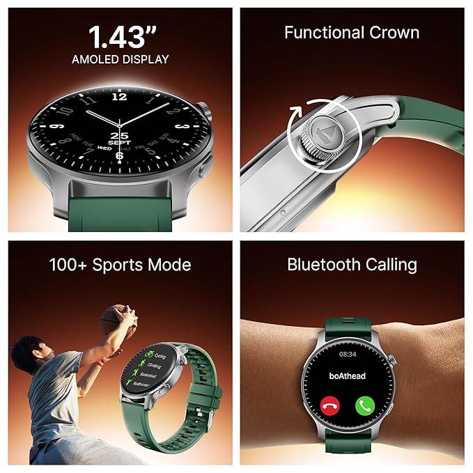 boAt New Launch Ultima Prime smartwatch with 1.43” AMOLED Display, Personalized Fitness Nudges (Green) - Rajputtrade