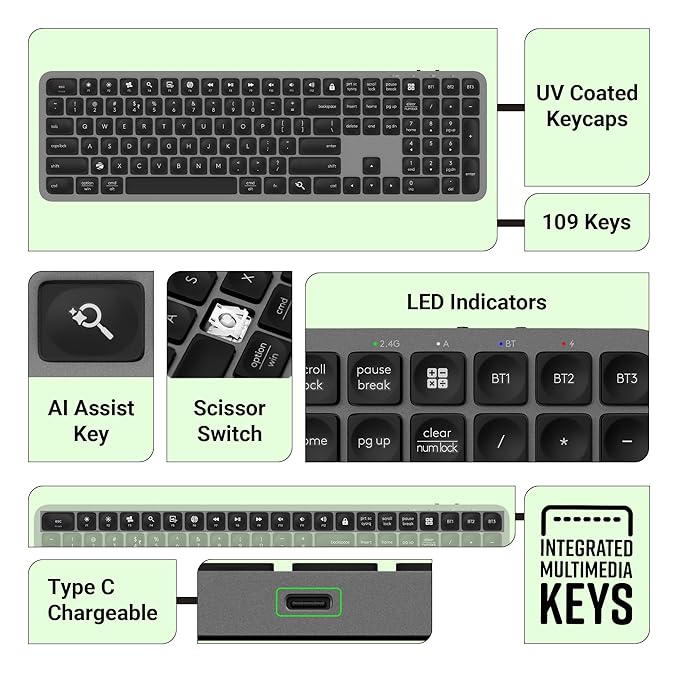 ZEBRONICS K5002MW Slim Wireless Keyboard with in-Built Battery, Copilot AI Key, Windows | Mac | iOS | Android, Scissor Switch, 3 Bluetooth + 2.4Ghz, 109 Keys, 13 Multimedia Keys, Type C Charging - Rajputtrade