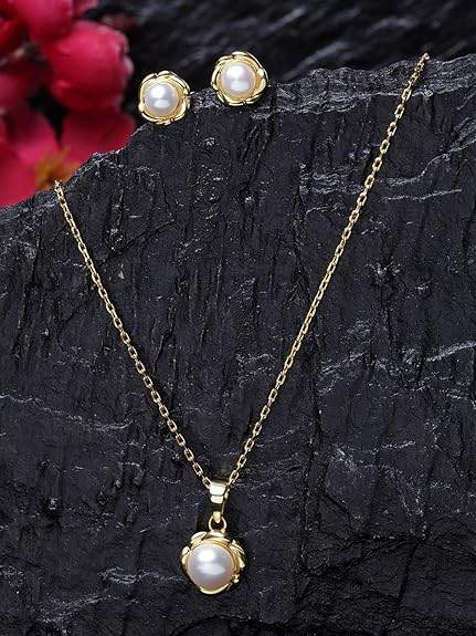 925 Sterling Silver Real Pearl AKI Pendant Earring Chain Jewellery Set | Gold Rhodium Plated |Gift for Women & Girls - Rajputtrade