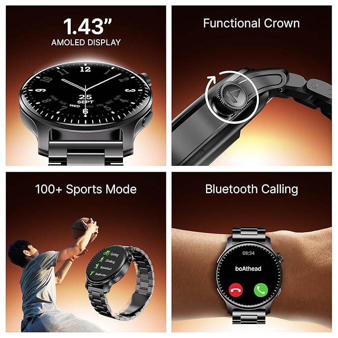 boAt New Launch Ultima Prime smartwatch with 1.43” AMOLED Display, Personalized Fitness Nudges (Steel Black) - Rajputtrade