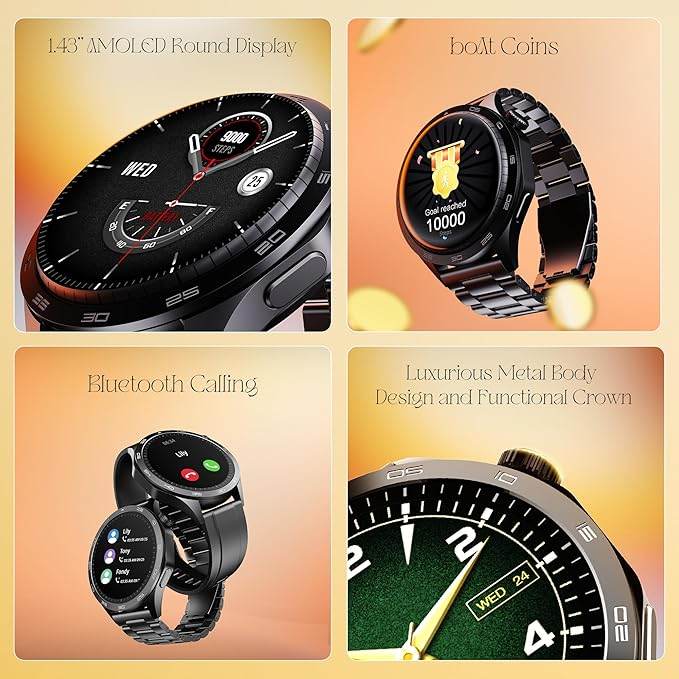 boAt Enigma Radiant Men's Luxury Watch w/Functional Crown, Upto 6 Days Battery, 1.43"(3.63 cm) AMOLED Display Smart Watch (Metal Black) - Rajputtrade