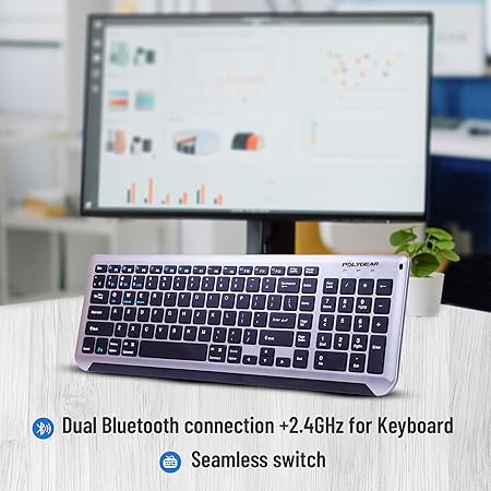 SWIFT PRO Wireless Rechargeable Dual Connectivity Keyboard and Mouse Set - Multidevice Bluetooth/Wireless Keyboard Full Size and Mouse, for Windows, Mac, Android, Smart TV, Tablet, PC, Laptop - Rajputtrade