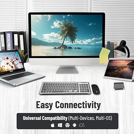 SWIFT PRO Wireless Rechargeable Dual Connectivity Keyboard and Mouse Set - Multidevice Bluetooth/Wireless Keyboard Full Size and Mouse, for Windows, Mac, Android, Smart TV, Tablet, PC, Laptop - Rajputtrade