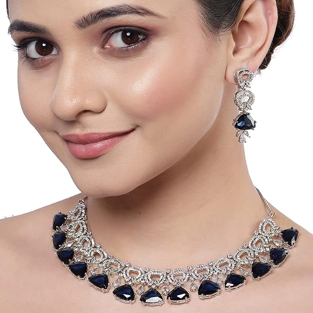 Rhodium-Plated With Silver-Toned Red And White American Diamond Studded Choker Necklace And Drop Earrings Jewellery Set For Women - Rajputtrade