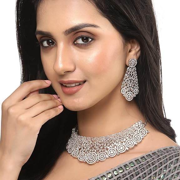 Choker Necklace with Earrings Jewellery Set with Girls and Women (White) - Rajputtrade