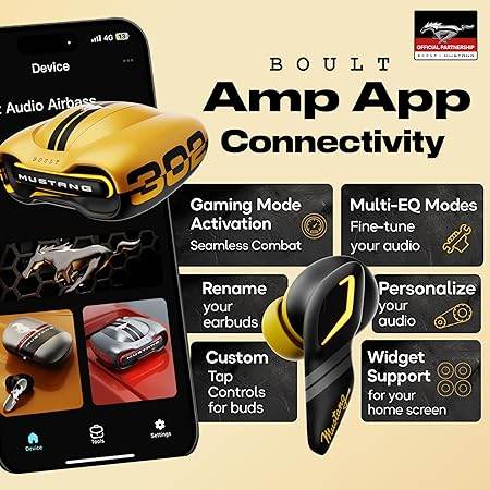 Boult X Mustang Newly Launched Torq TWS Earbuds with 60H Playtime, App Support, 4 Mics ENC, 45ms Low Latency (Yellow) - Rajputtrade