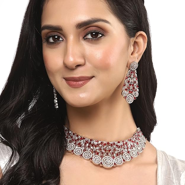 Rhodium-Plated Silver American Diamond Choker Necklace with Earrings Jewellery Set with Girls and Women - Rajputtrade