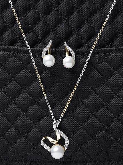 925 Sterling Silver Pearl Asuka Pendant Earring Chain Jewellery Set | Gold Rhodium Plated, Swiss Zirconia | Gift for Women & Girls - Rajputtrade