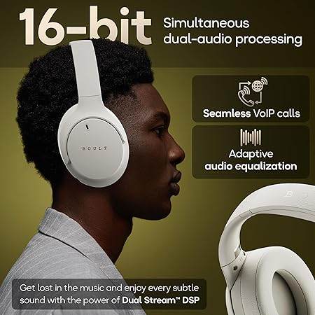 Boult Q Over Ear Bluetooth Headphones with 70H Playtime, 40mm Bass Drivers, Zen™ ENC Mic, Type-C Fast Charging (Beige) - Rajputtrade