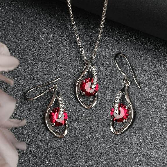925 Sterling Silver Blood Red Eye Pendant Earring Chain Jewellery Set | Rhodium Plated, Swiss Zirconia | Gift for Women & Girls - Rajputtrade