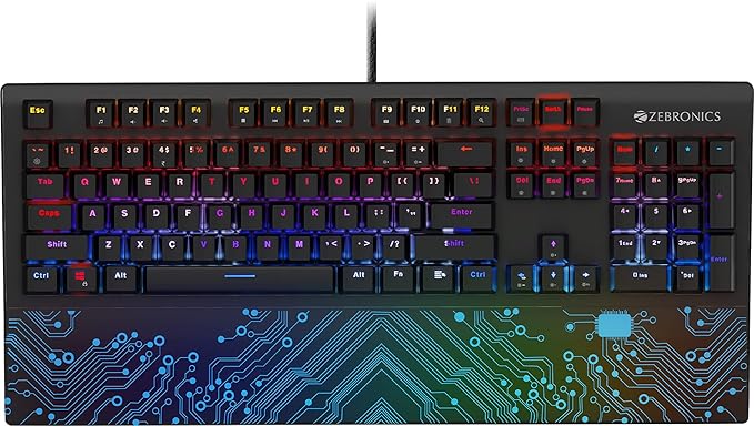 ZEBRONICS Zeb-MAX Chroma Premium Mechanical Gaming Keyboard with 104 Tactile Switch Keys, Wrist Rest, 18 RGB LED Modes, Braided & Gold Plated USB Cable - Rajputtrade