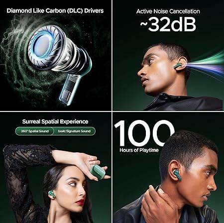 boAt Nirvana Space, 360º Spatial Audio, Active Noise Cancellation (~32dB), 100Hrs Battery,4Mics ENx, Fast Charge, v5.3 Bluetooth Earbuds, TWS Ear Buds Wireless Earphones with mic (Cosmos Green) - Rajputtrade