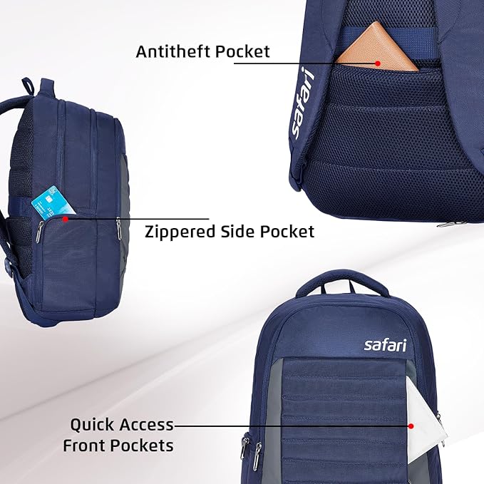Safari Spade 34L Formal Laptop Backpack with Raincover, Antitheft Pocket, 3 Compartments, Front Pocket, Smart Trolley Sleeve, Office Bag, College Backpack, Travel Bag, School Bag - Rajputtrade