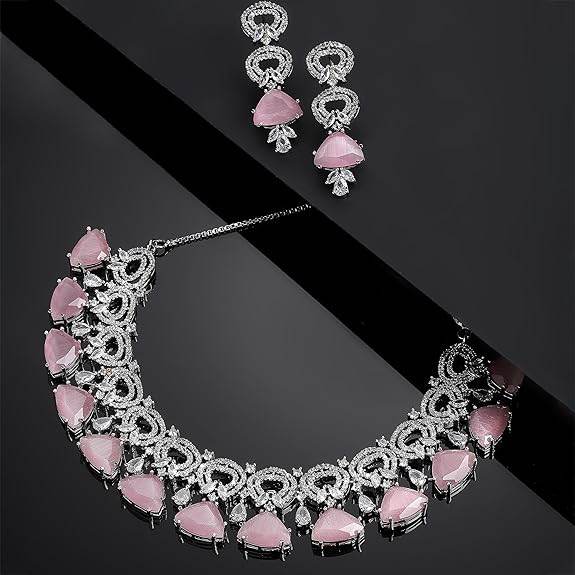 Choker Necklace And Drop Earrings Jewellery Set For Women (Pink) - Rajputtrade