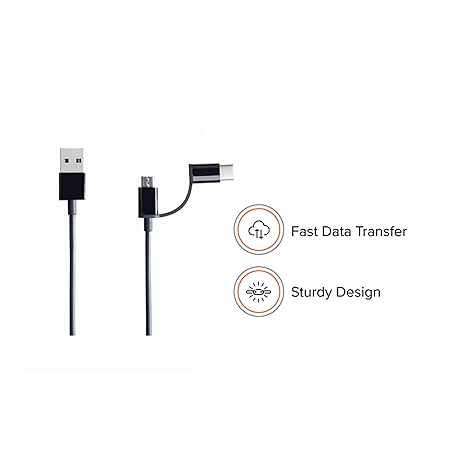 2-in-1 USB Cable 100cm Black | Multipurpose Cable which Supports Both Type C & Type B | 480Mbps Speed