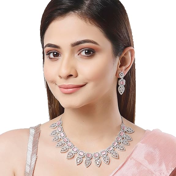 Jewellery Set Leaf Style AD/ Rose Gold Plated Handcrafted Circle Necklace Set for Women & Girls (Pink White) - Rajputtrade