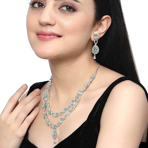 Abstract Necklace With Earrings Jewellery Set For Girls and Women (Sea Green) - Rajputtrade