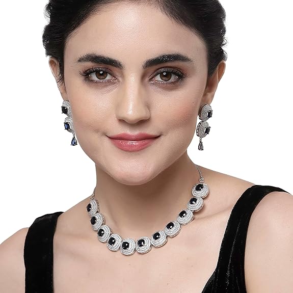 Silver Toned Triangular Shaped American Diamond Studded Jewellery Set For Women and Girl (Blue) - Rajputtrade