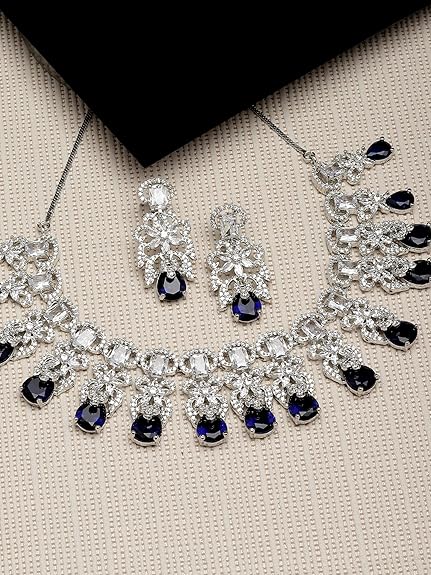 American Diamond Studed Choker Necklace Set (Blue) - Rajputtrade