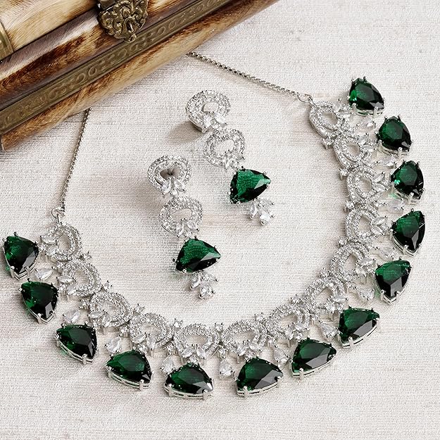 Rhodium-Plated With Silver-Toned Red And White American Diamond Studded Choker Necklace And Drop Earrings Jewellery Set For Women - Rajputtrade