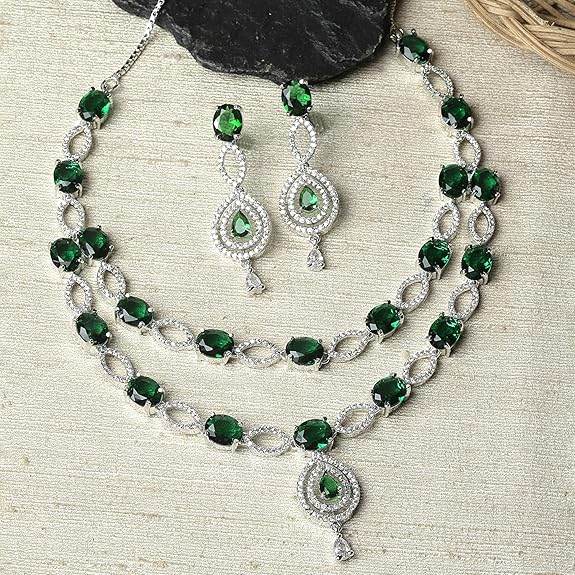 Abstract Necklace With Earrings Jewellery Set For Girls and Women (Green) - Rajputtrade