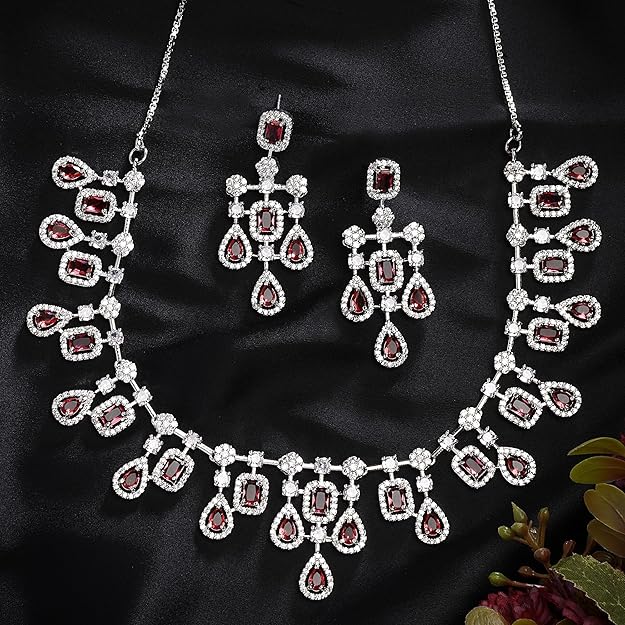 Rhodium-Plated Silver Toned Square Shaped American Diamond Studded Necklace with Earring Jewellery - Rajputtrade