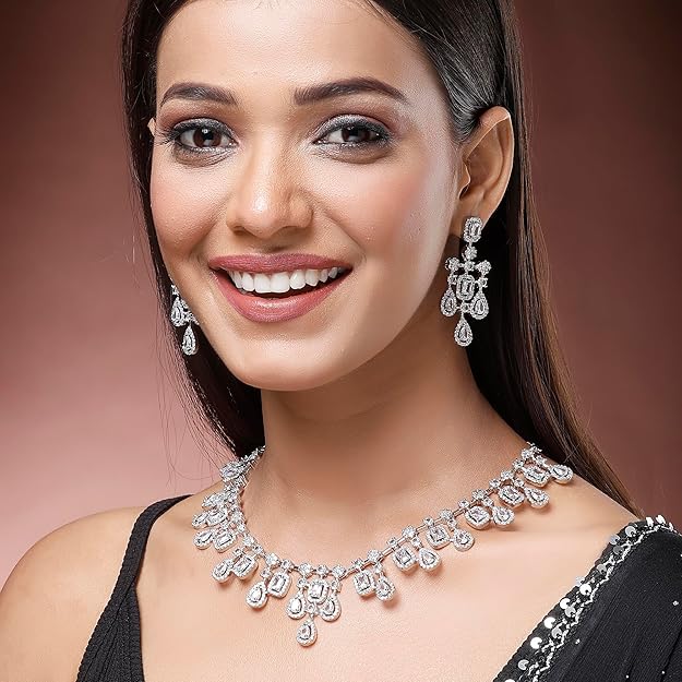Rhodium-Plated Silver Toned Square Shaped American Diamond Studded Necklace with Earring Jewellery Set for Girls and Women - Rajputtrade