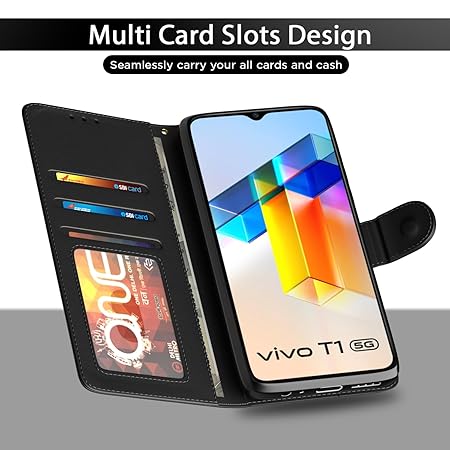 Vivo T1 5G / Vivo Y75 5G / iQOO Z6 5G Flip Cover | PU Leather Finish (Flip Black) - Rajputtrade