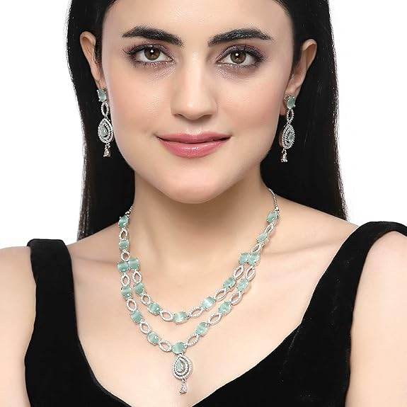 Abstract Necklace With Earrings Jewellery Set For Girls and Women (Sea Green) - Rajputtrade