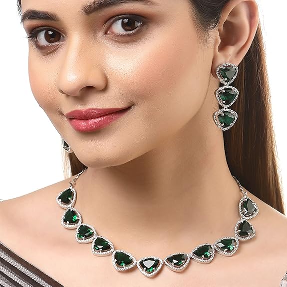 Silver Toned Triangular Shaped American Diamond Studded Jewellery Set For Women and Girl (Green) - Rajputtrade