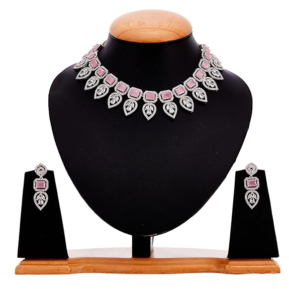 Jewellery Set Leaf Style AD/ Rose Gold Plated Handcrafted Circle Necklace Set for Women & Girls (Pink White) - Rajputtrade