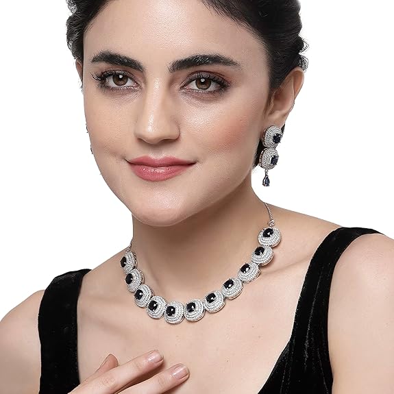 Silver Toned Triangular Shaped American Diamond Studded Jewellery Set For Women and Girl (Blue) - Rajputtrade