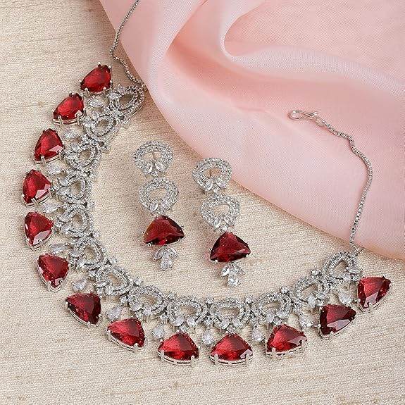 Choker Necklace And Drop Earrings Jewellery Set For Women (Red) - Rajputtrade