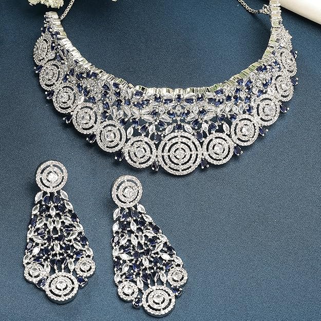 Rhodium-Plated Silver American Diamond Choker Necklace with Earrings Jewellery Set with Girls and Women - Rajputtrade