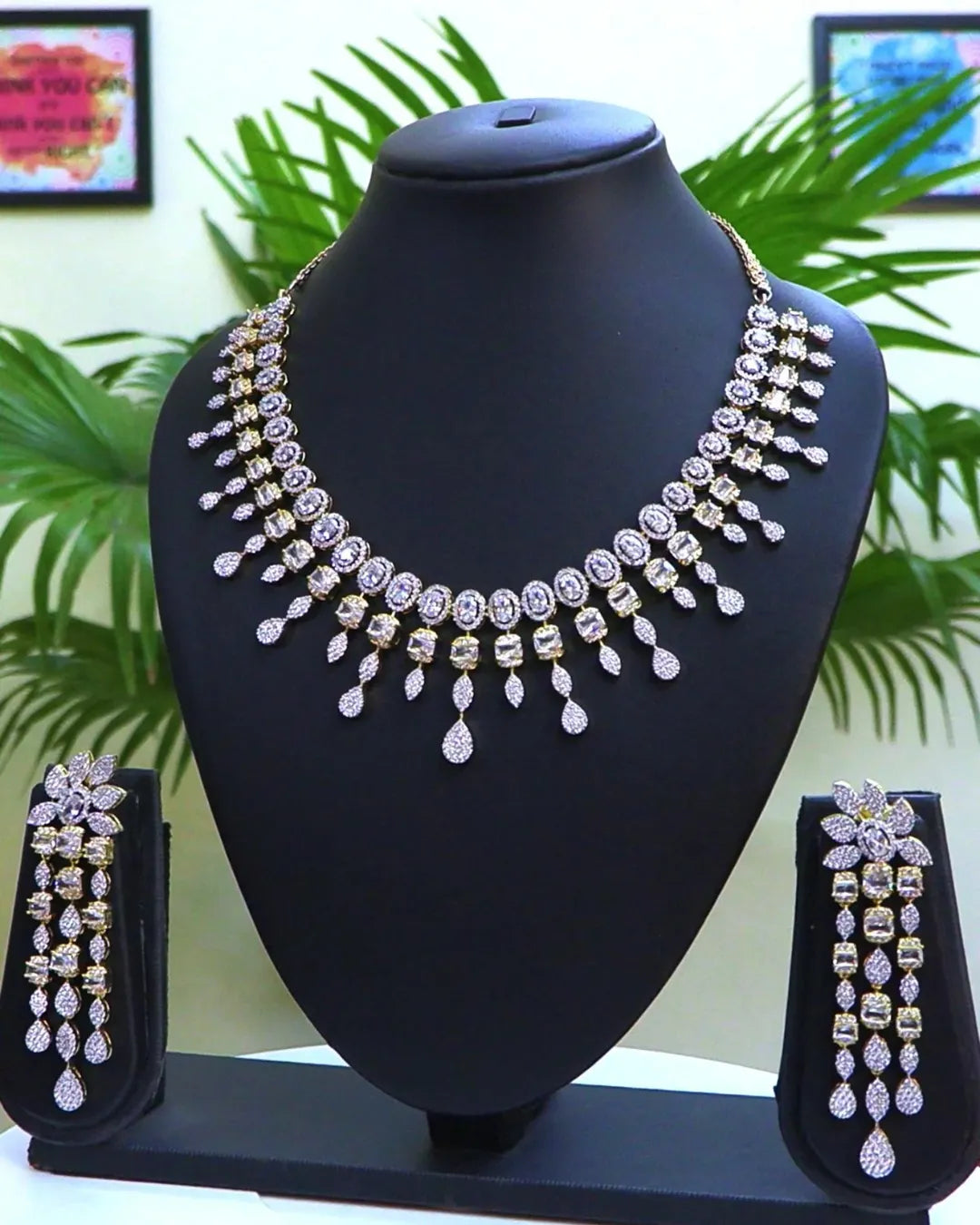 Rhodium-Plated with Silver-Toned White Cubic Zirconia & American Diamond studded Necklace and Drop Earrings Jewellery Set for women - Rajputtrade