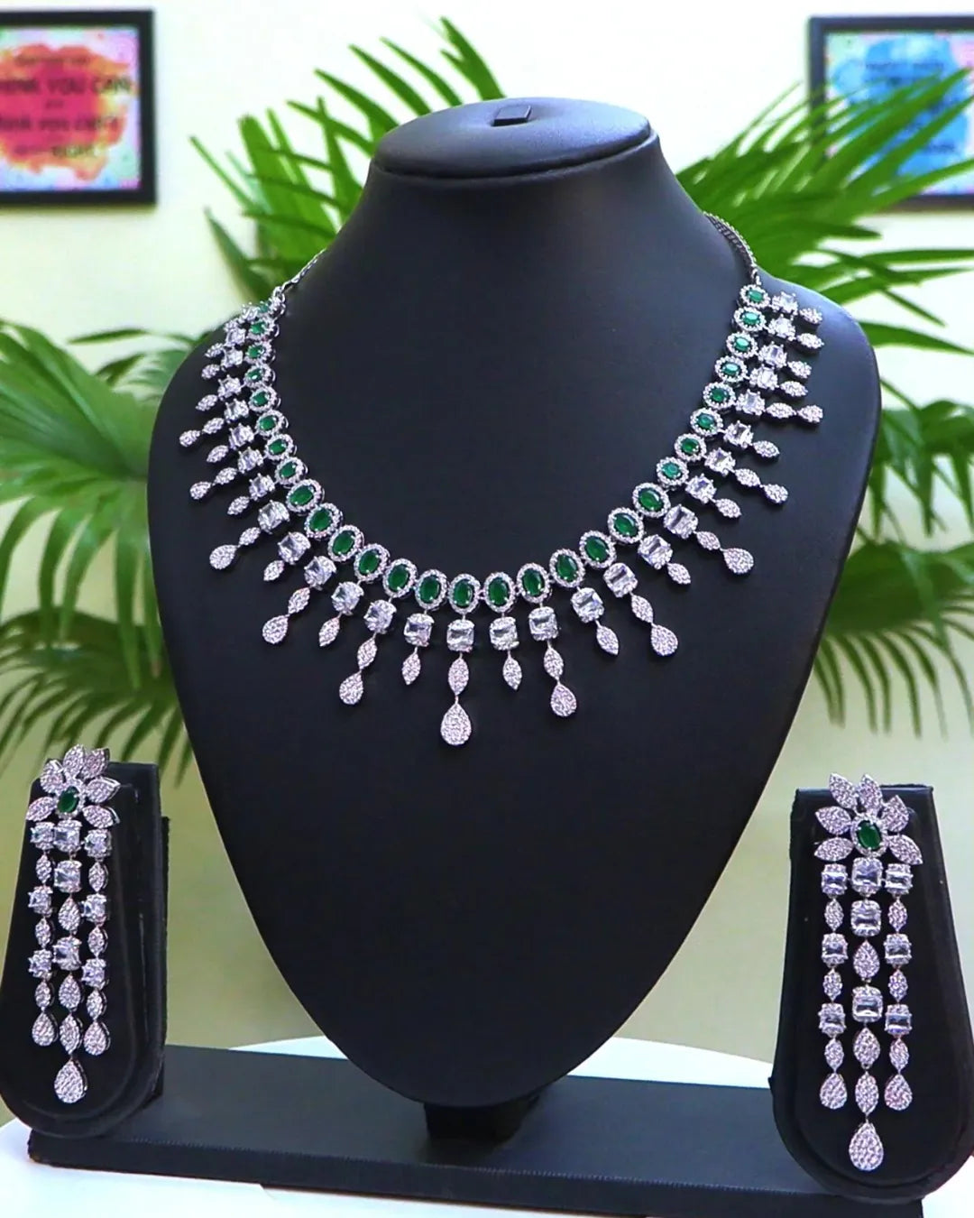 Rhodium-Plated with Silver-Toned White Cubic Zirconia & American Diamond studded Necklace and Drop Earrings Jewellery Set for women - Rajputtrade