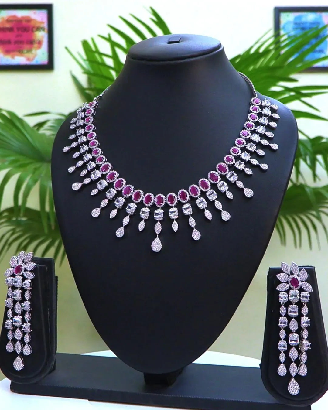 Rhodium-Plated with Silver-Toned White Cubic Zirconia & American Diamond studded Necklace and Drop Earrings Jewellery Set for women - Rajputtrade