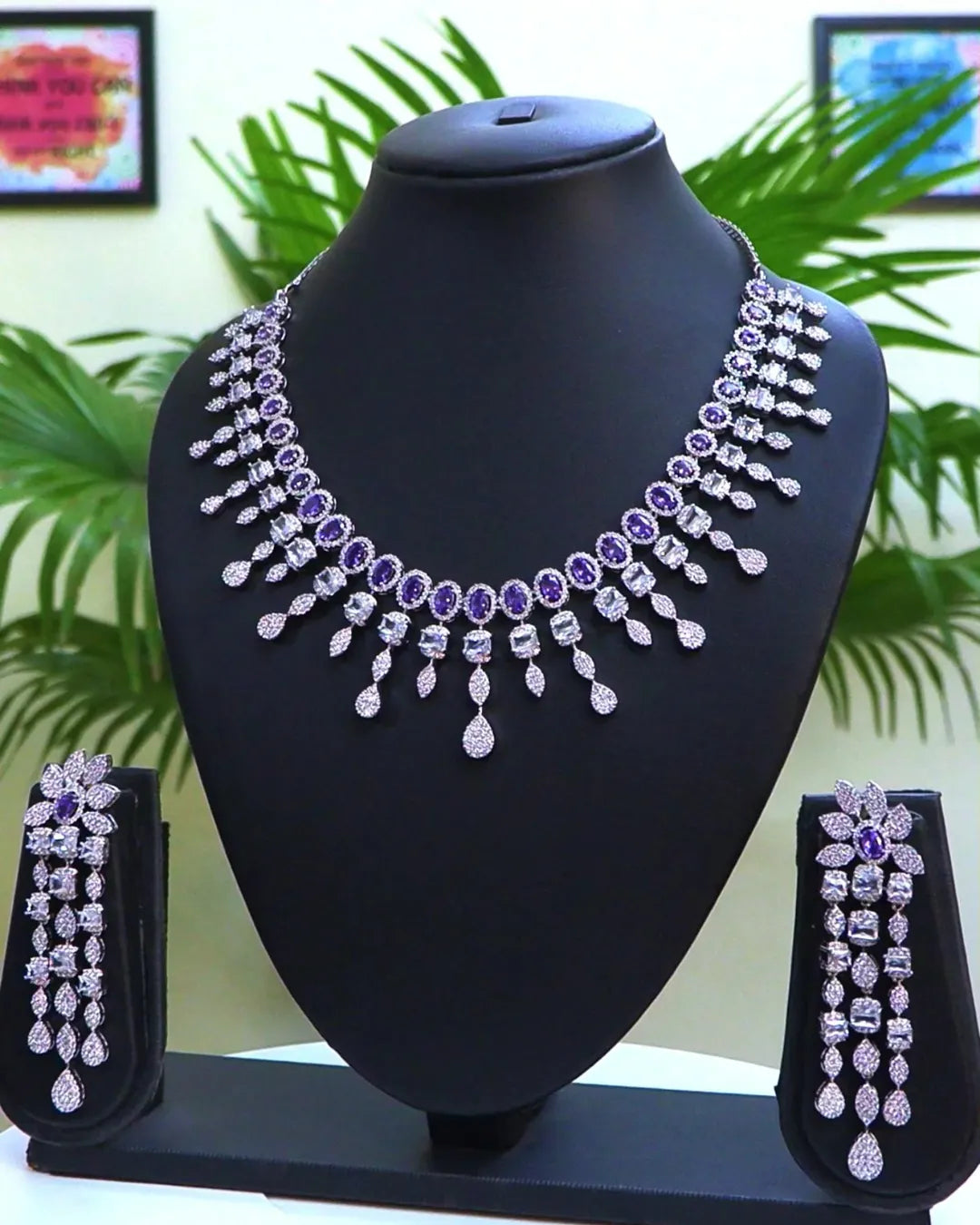 Rhodium-Plated with Silver-Toned White Cubic Zirconia & American Diamond studded Necklace and Drop Earrings Jewellery Set for women - Rajputtrade