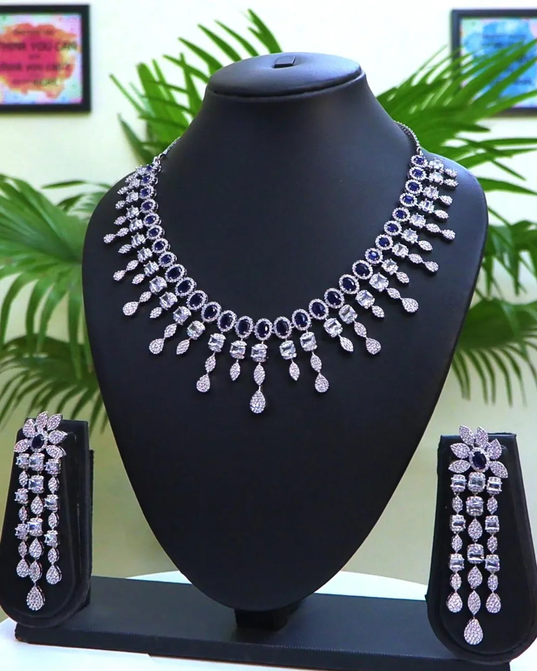 Rhodium-Plated with Silver-Toned White Cubic Zirconia & American Diamond studded Necklace and Drop Earrings Jewellery Set for women - Rajputtrade