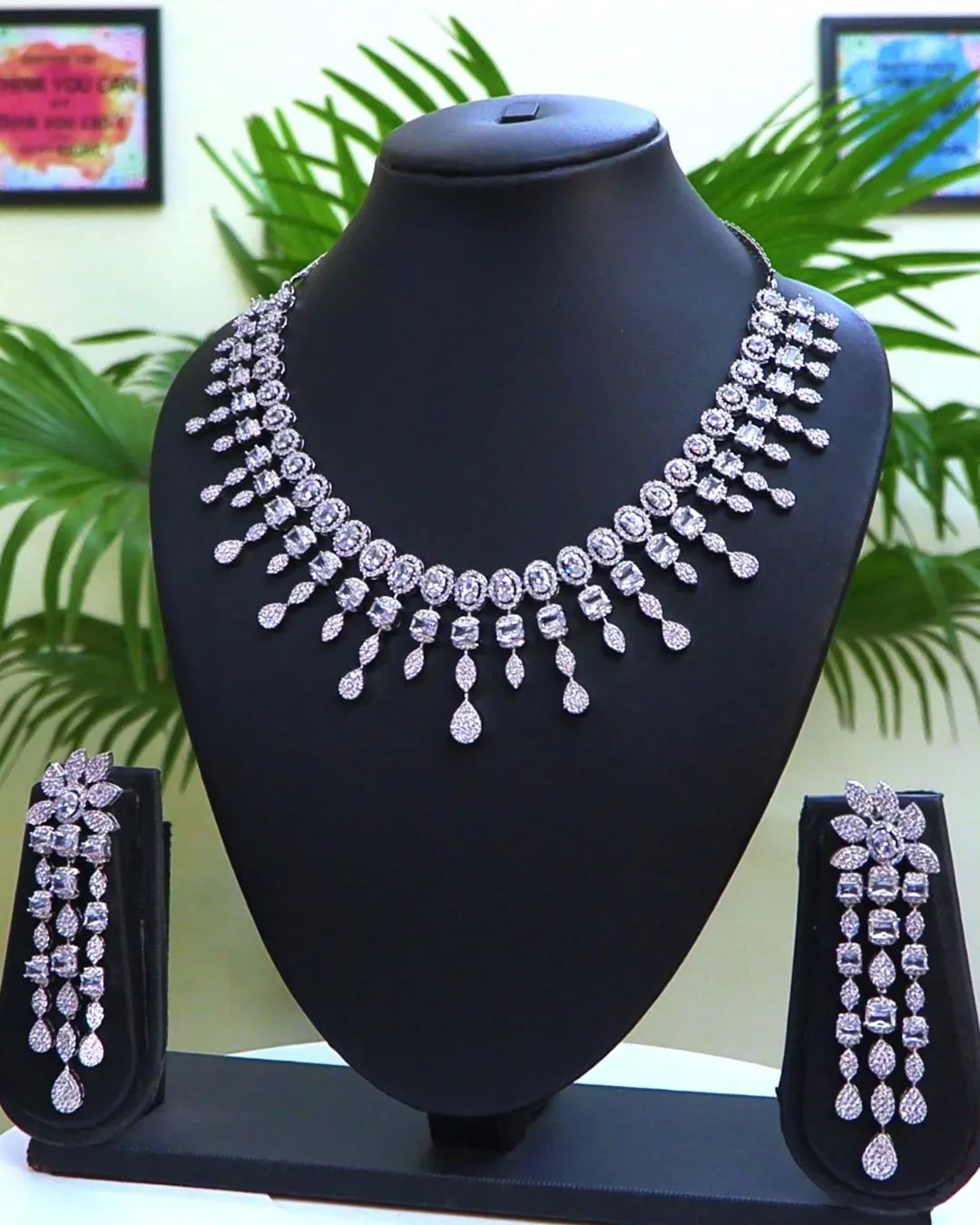Rhodium-Plated with Silver-Toned White Cubic Zirconia & American Diamond studded Necklace and Drop Earrings Jewellery Set for women - Rajputtrade