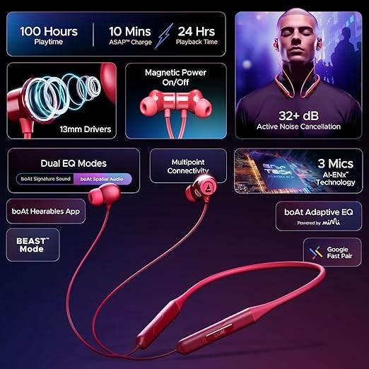 boAt Rockerz 255 ANC, 100Hrs Battery ,Spatial Audio, Active Noise Cancellation(~32dB) Neckbands (Magenta Pop) - Rajputtrade