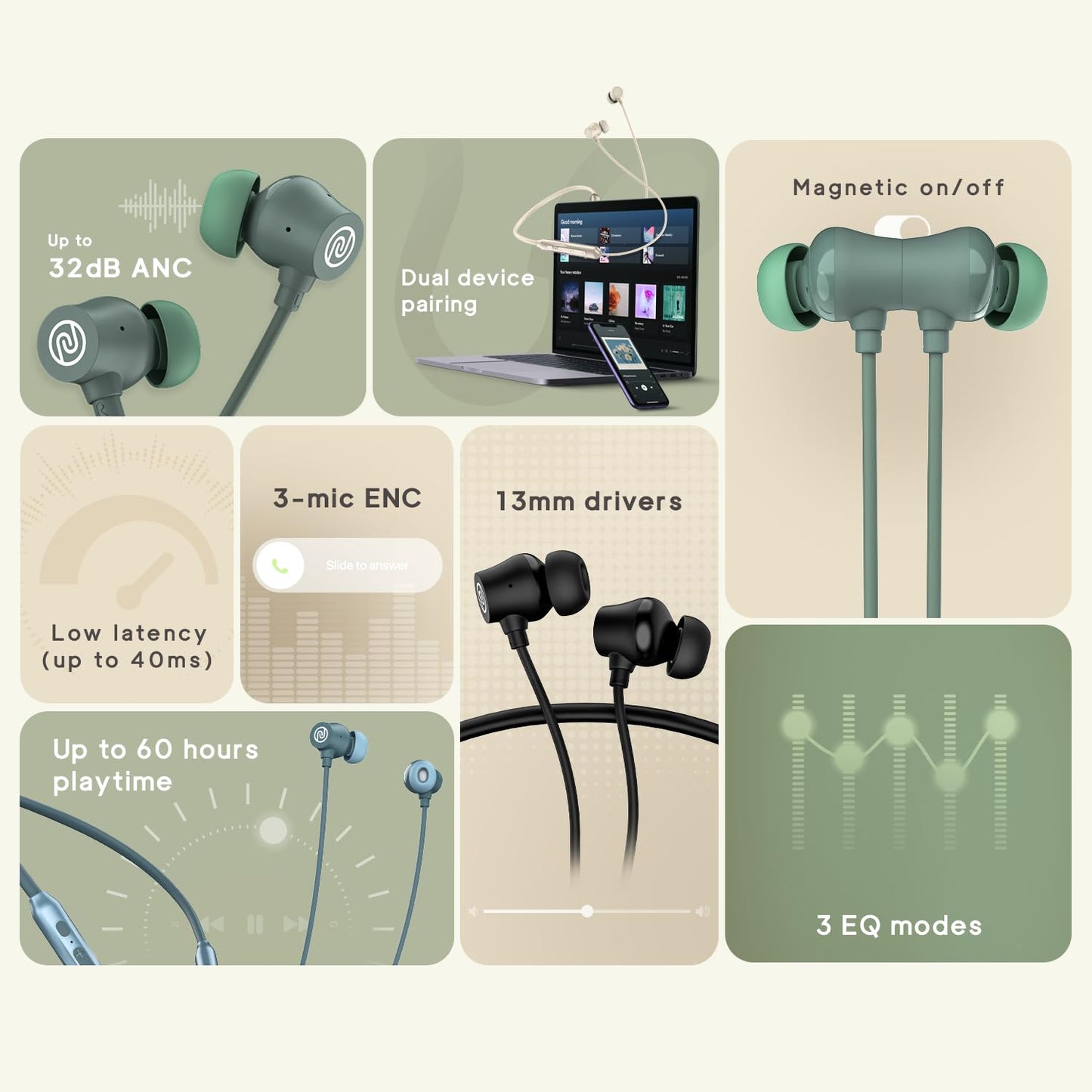 Noise Airwave Pro Bluetooth in Ear Neckband with Upto 32 dB ANC (Metallic Green) - Rajputtrade