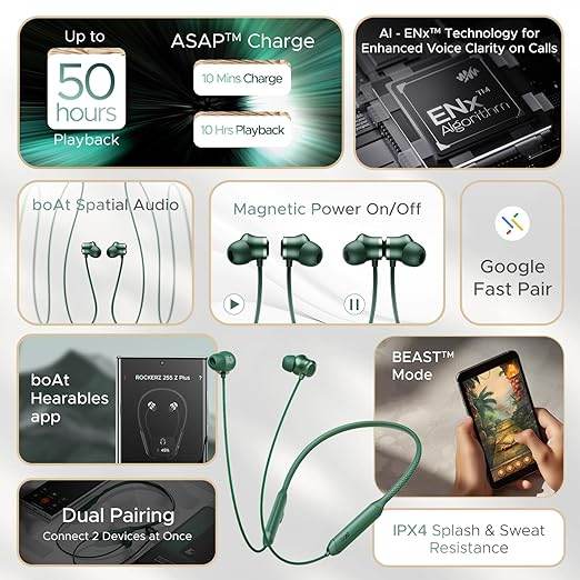 boAt Rockerz 255 Z Plus BT v5.3, Bluetooth Neckband,(Pine Green) - Rajputtrade
