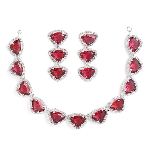Silver Toned Triangular Shaped American Diamond Studded Jewellery Set For Women and Girl (Red) - Rajputtrade